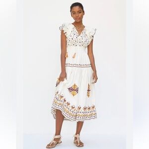 Anthropologie embroidered white midi dress with sleeves